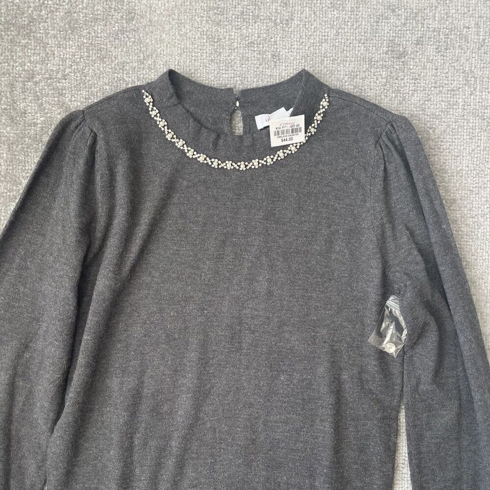 Liz Claiborne Sweater Womens XS Grey Crystal Pearl Detail Soft Knit Top NEW - Picture 2 of 9
